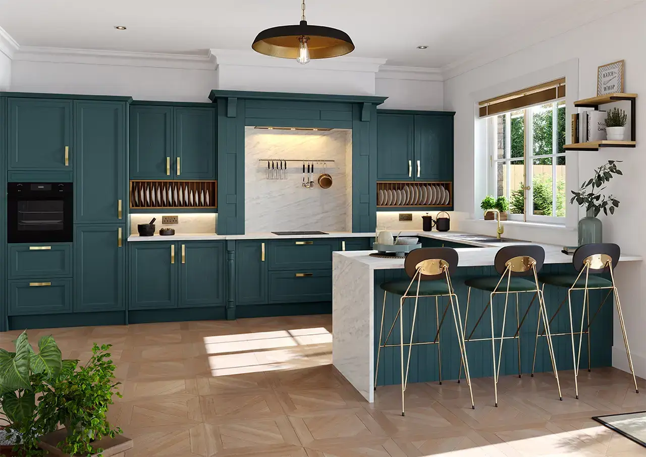 beaded mock inframe shaker style kitchen painted veridian
