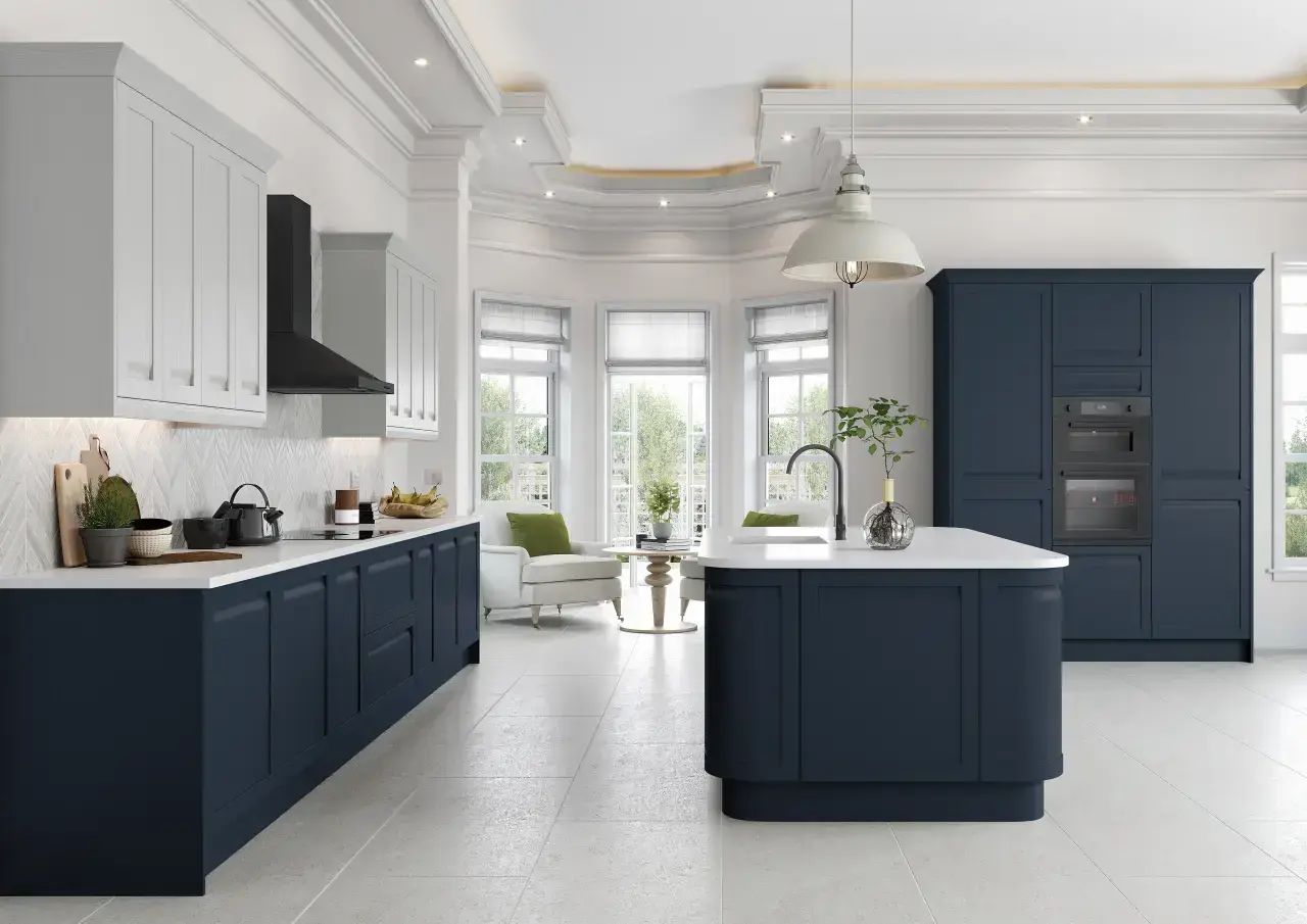 integrated handle slim frame shaker style kitchen painted indigo