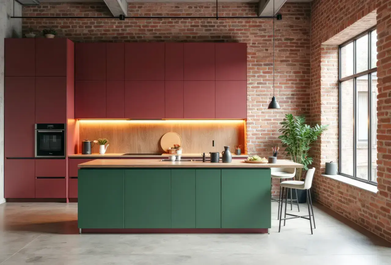 modern handleless kitchen with rusty red and fir green cabinetry, and solid wood worktops