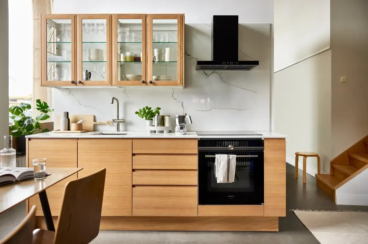 puustellli miinus kitchen with oak veneer j-pull doors