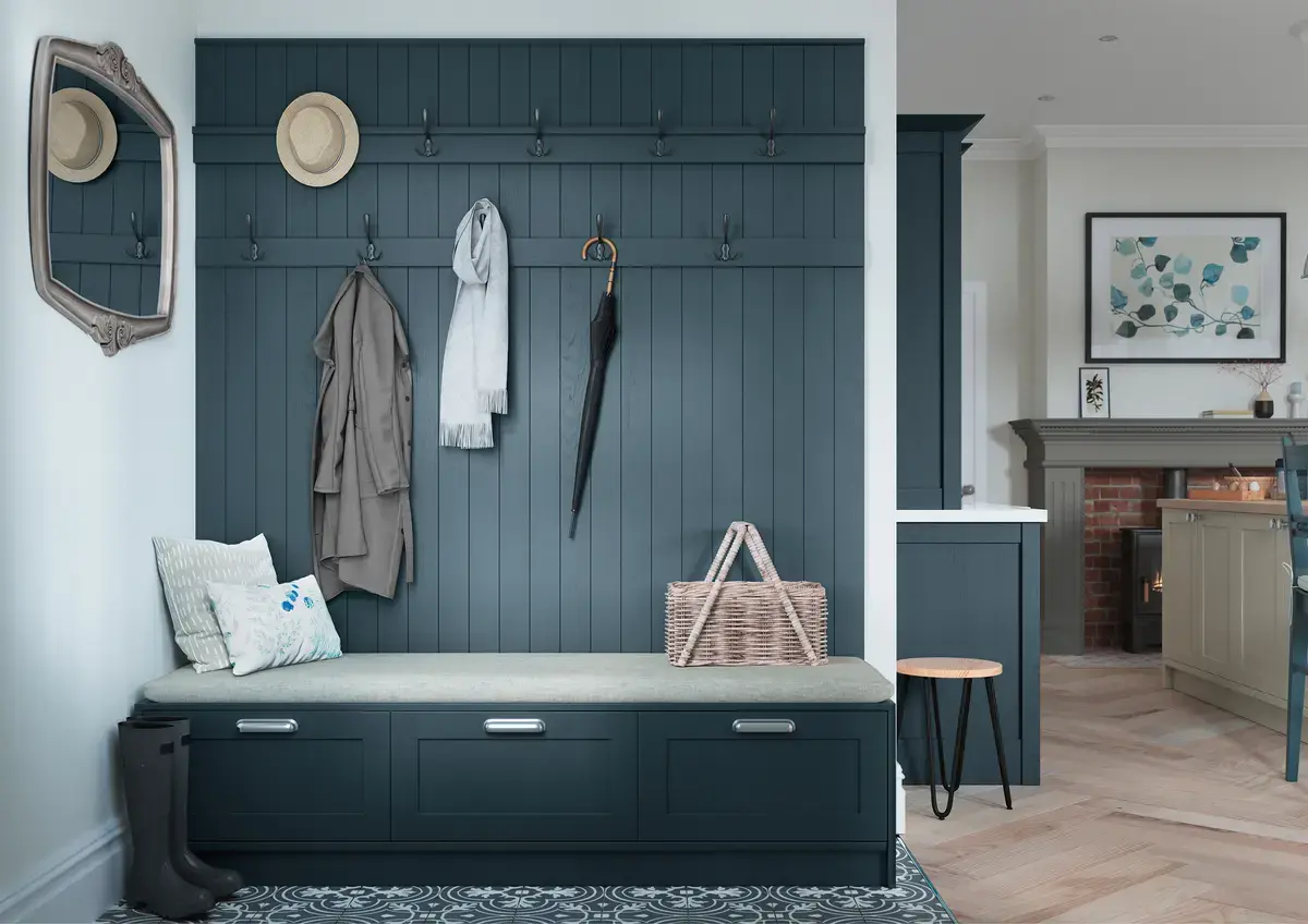 Skinny shaker-style boot room in marine blue