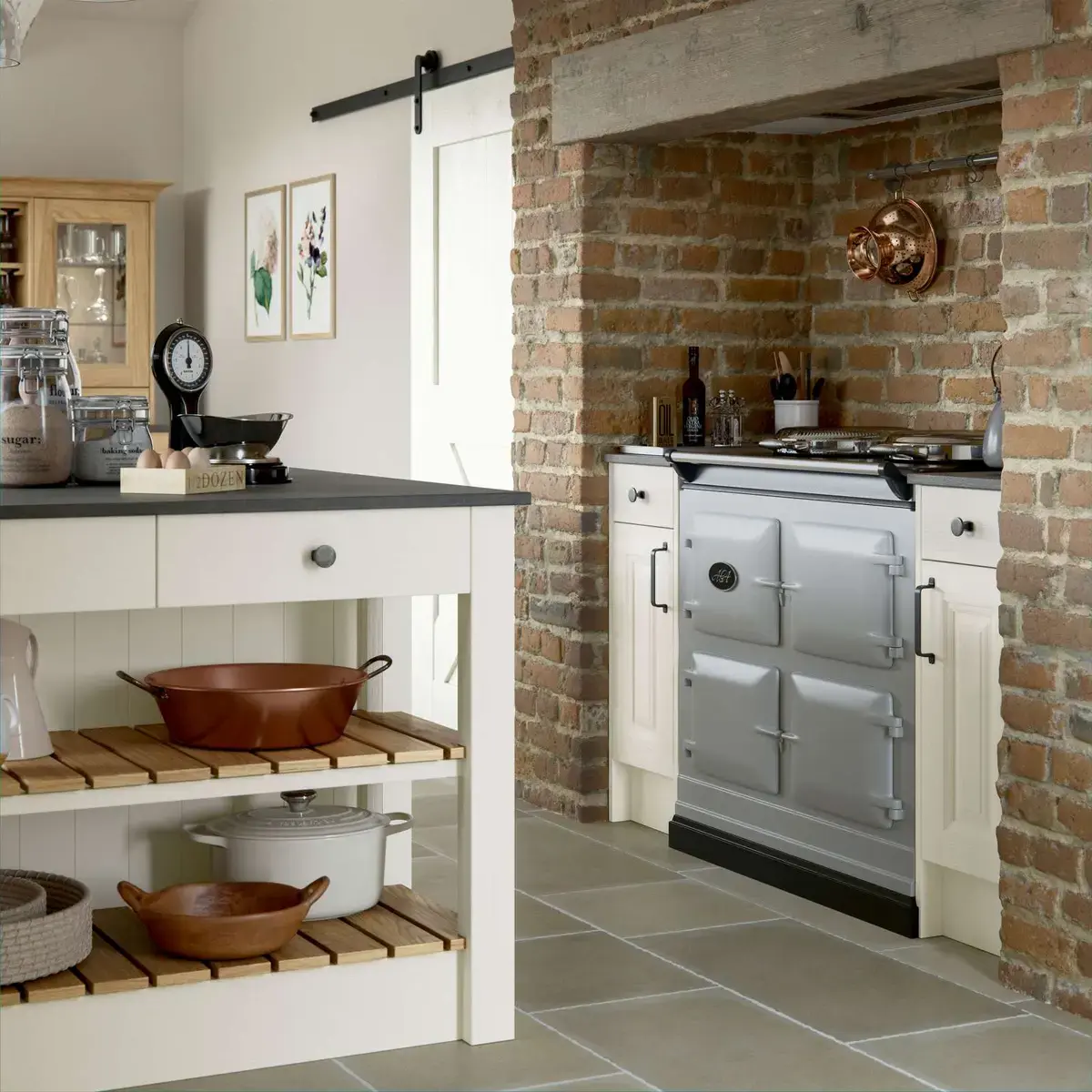 Traditional farmhouse-style kitchen island and range cooker
