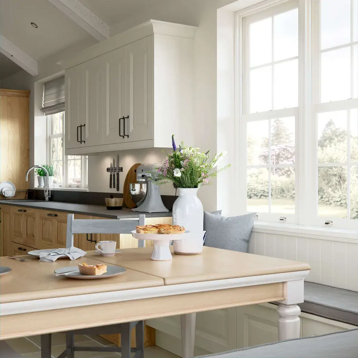 Traditional shaker-style kitchen seating area painted ivory
