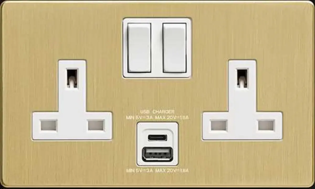 Gold double socket with USB and USB-C with white inserts