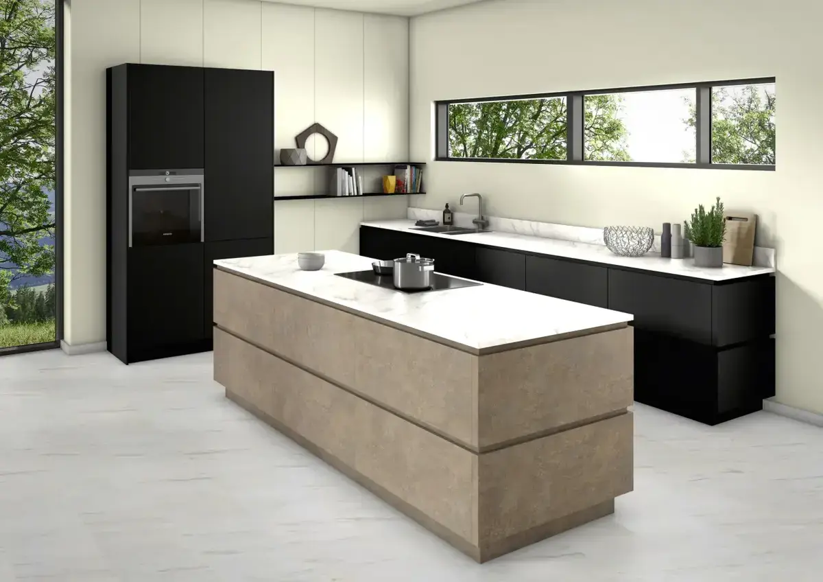 kitchen using egger black matte perfectsense and ferro bronze mfc board