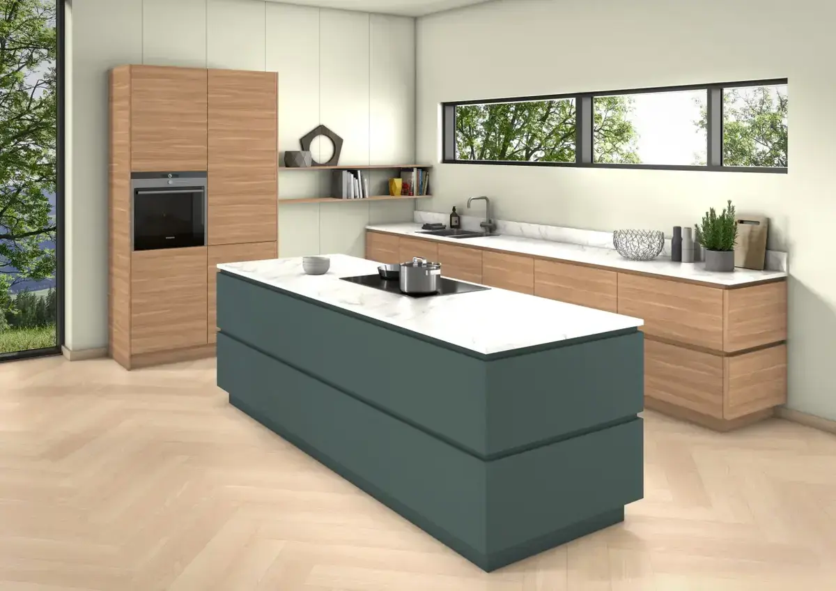 kitchen made from egger h1715 parona walnut and U665 stone green mfc decor board