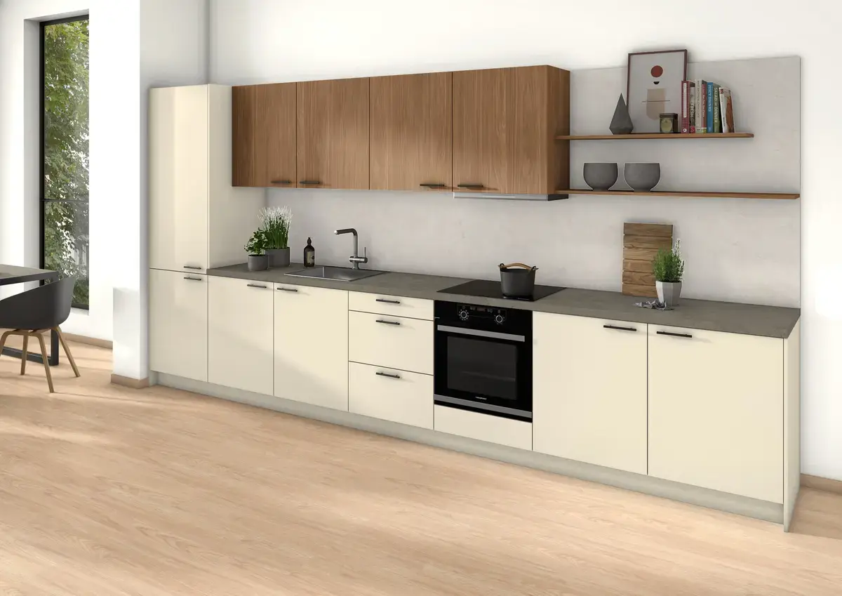 kitchen using egger crema beige and natural carina walnut mfc decor board