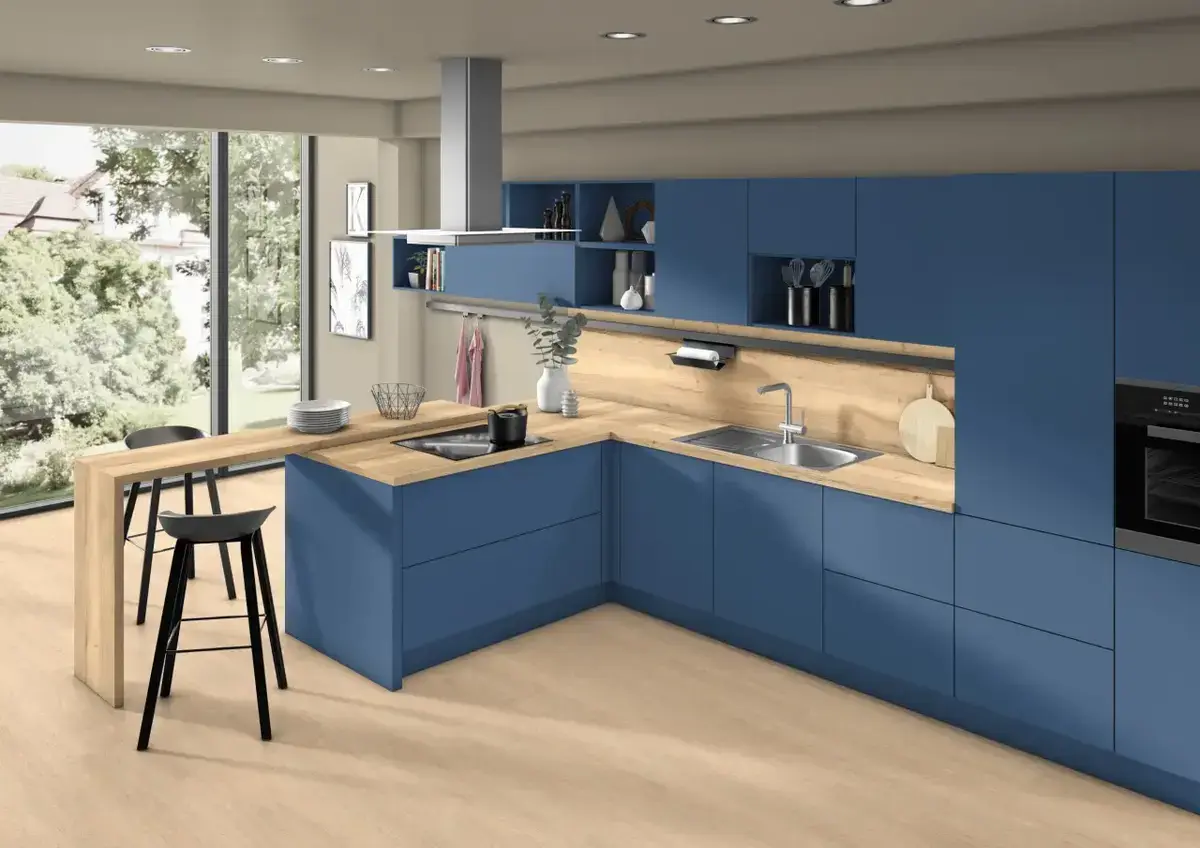 kitchen example using egger u504 tyrolean blue mfc board
