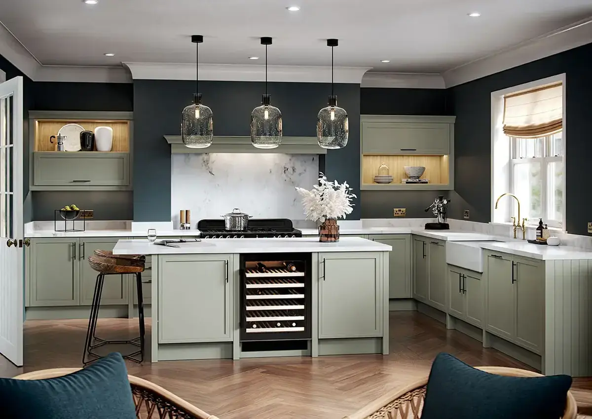 mock inframe style kitchen painted sage green