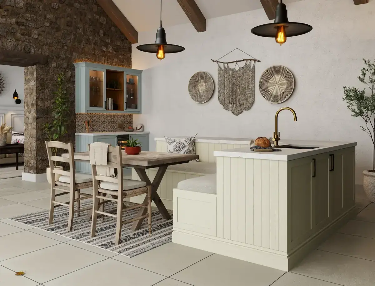 slim framed shaker style kitchen painted ivory and smoke blue