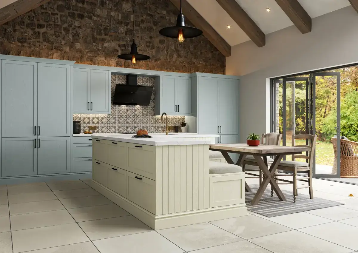 slim frame timber shaker style kitchen painted ivory and smoke blue