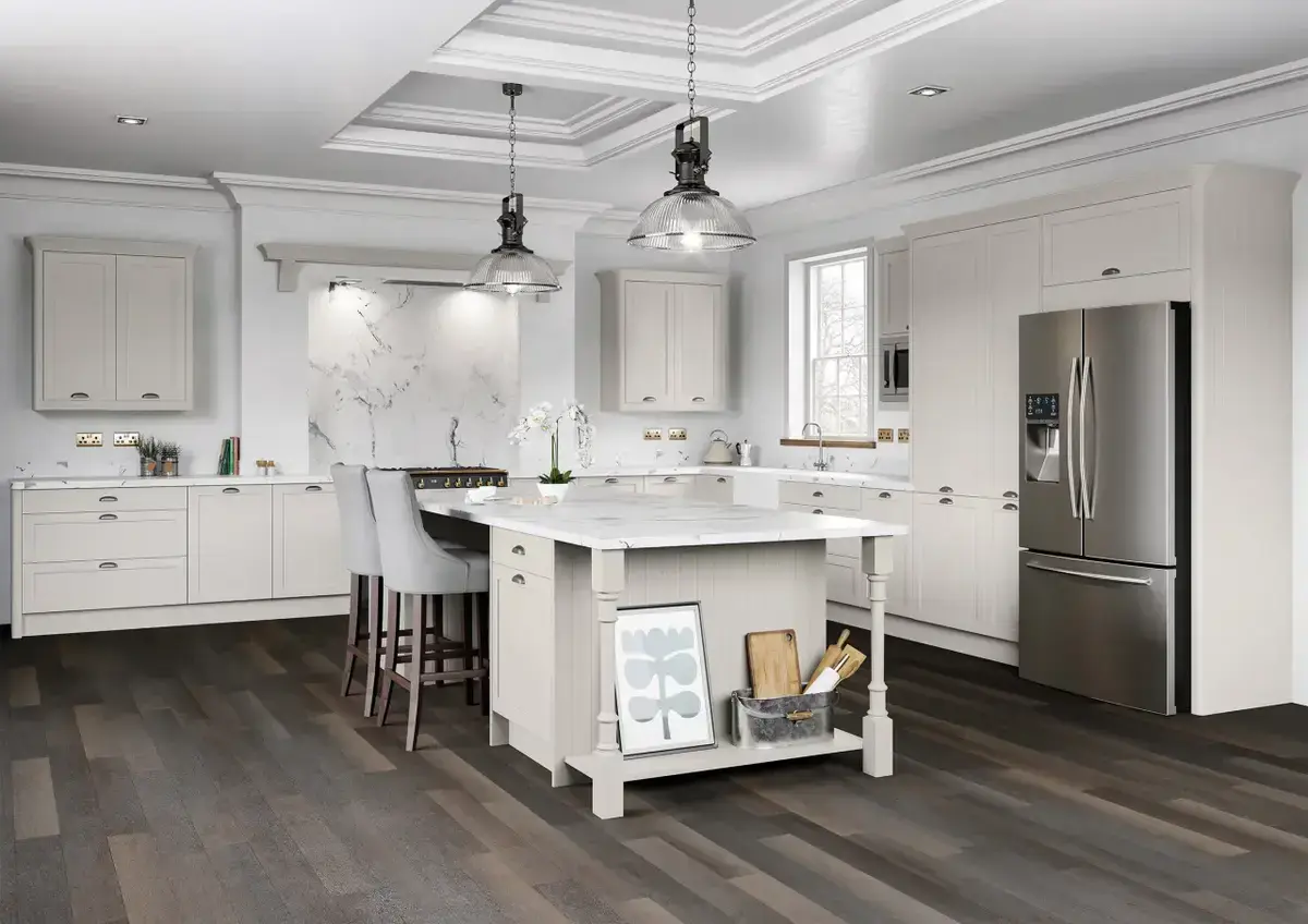 slim frame shaker style kitchen painted mussel