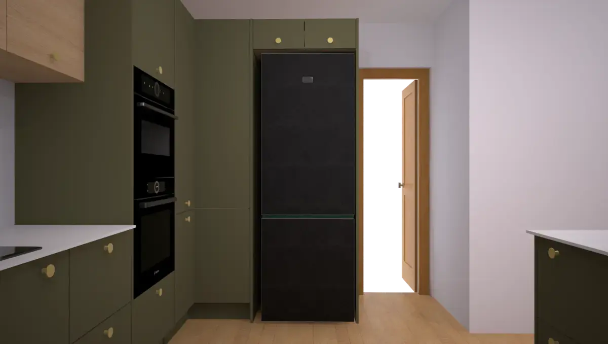 kitchen design illustration showing freestanding enclosed fridge freezer