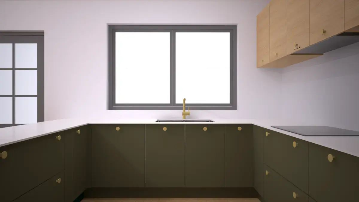 kitchen design illustration showing sink and tap in front of window